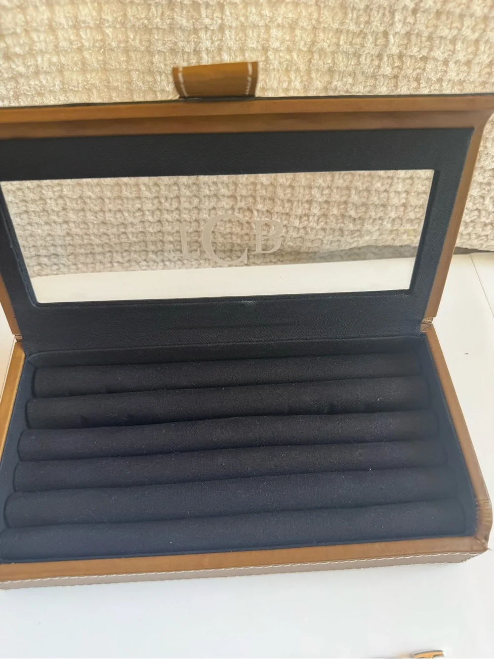 TCB Brown and Black Leather Cufflink Case with Silver-Tone Cufflinks